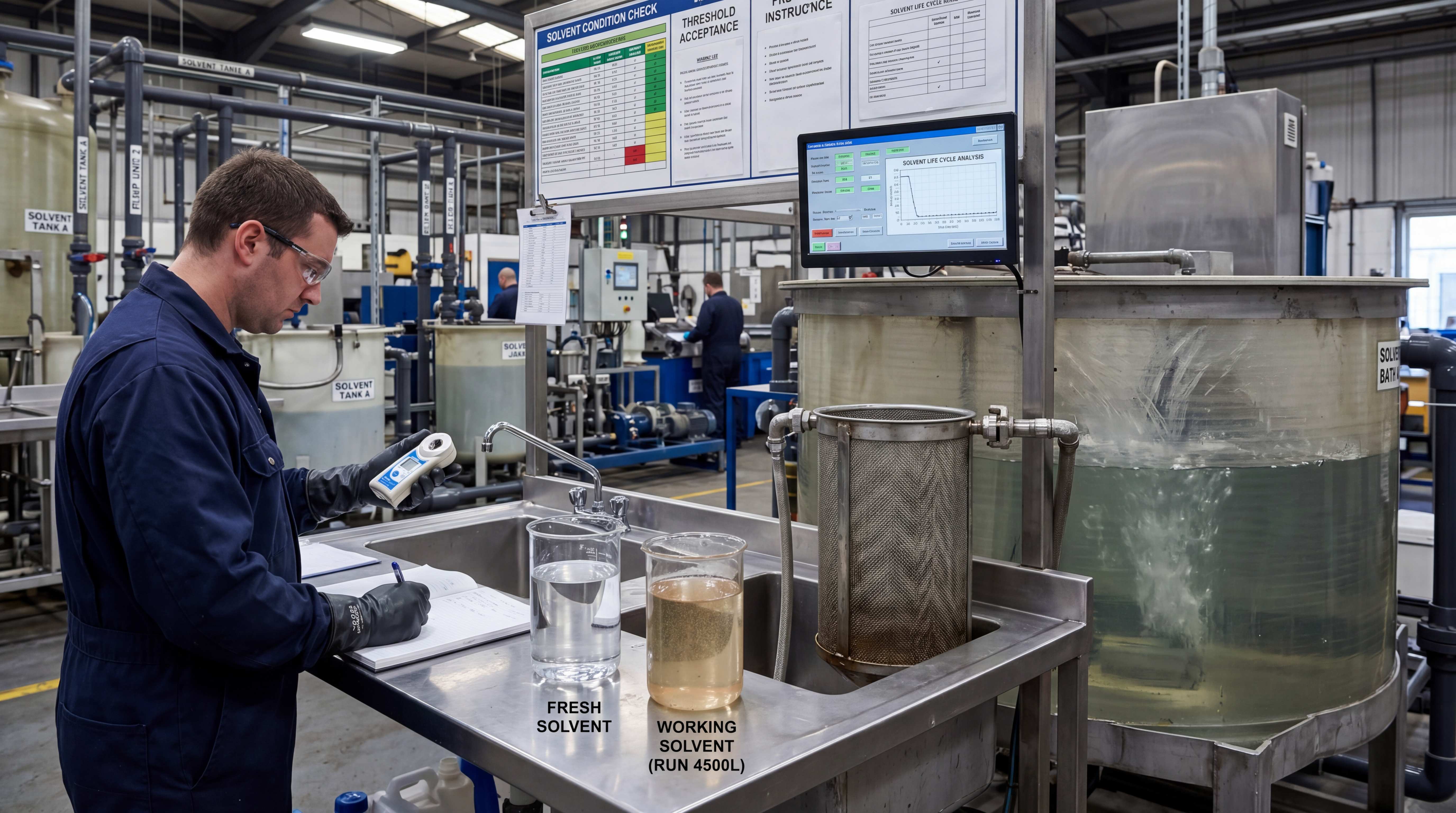Hydrocarbon solvent condition check comparing fresh solvent and working solvent as part of an application-based process management system